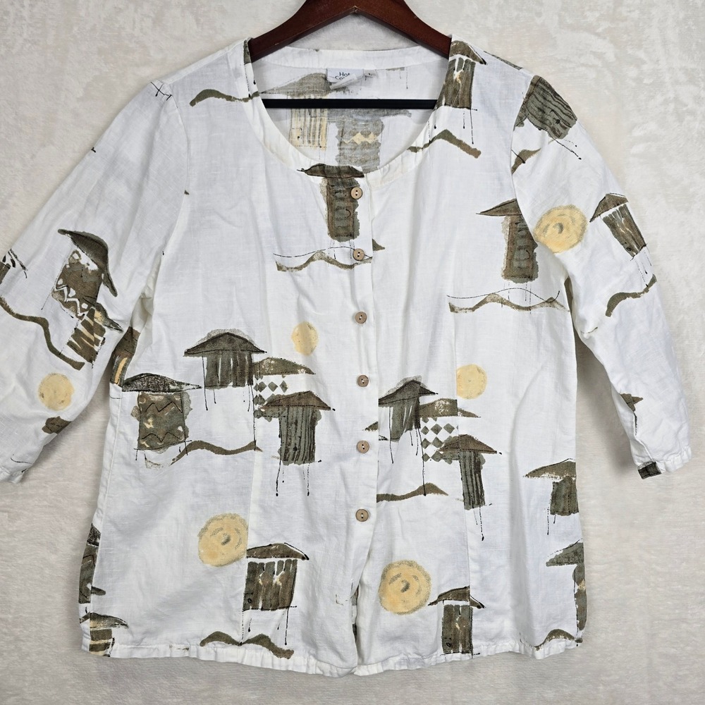 Hot Cotton Linen Blend Abstract Hut Print Button Front Blouse White Large USA